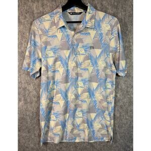 Travis Mathew Mens Blue Yellow Small Palms Tropical AOP Golf Polo EUC